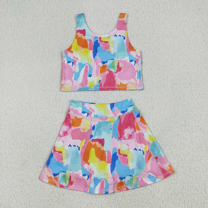 GSD2625 Tie-dye Tank Top Skirts Shorts Girls Yoga Clothes Set