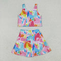 GSD2625 Tie-dye Tank Top Skirts Shorts Girls Yoga Clothes Set
