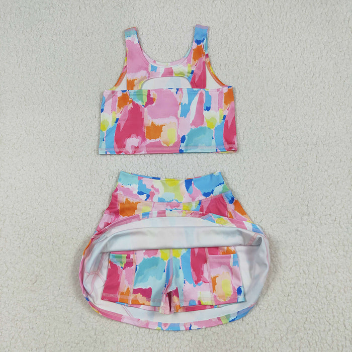 GSD2625 Tie-dye Tank Top Skirts Shorts Girls Yoga Clothes Set