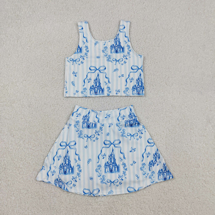 GSD3067 Castle Flowers Bows Blue Tank Top Skirts Shorts Girls Yoga Clothes Set