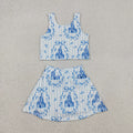 GSD3067 Castle Flowers Bows Blue Tank Top Skirts Shorts Girls Yoga Clothes Set