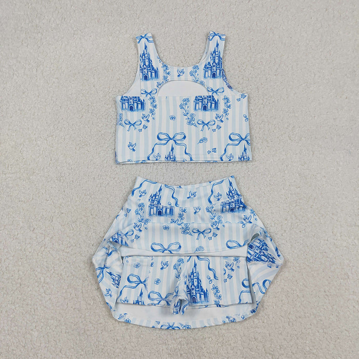 GSD3067 Castle Flowers Bows Blue Tank Top Skirts Shorts Girls Yoga Clothes Set