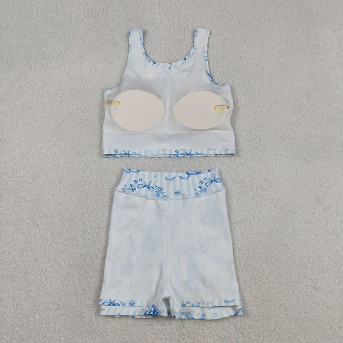 GSD3067 Castle Flowers Bows Blue Tank Top Skirts Shorts Girls Yoga Clothes Set