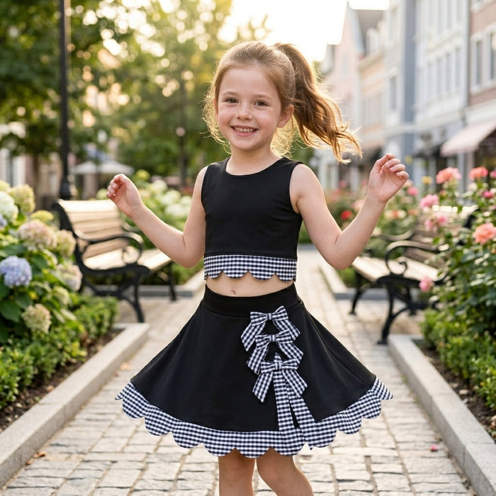 GSD4176 Black Checkered Bows Girls Summer Scallop Yoga Clothes Set