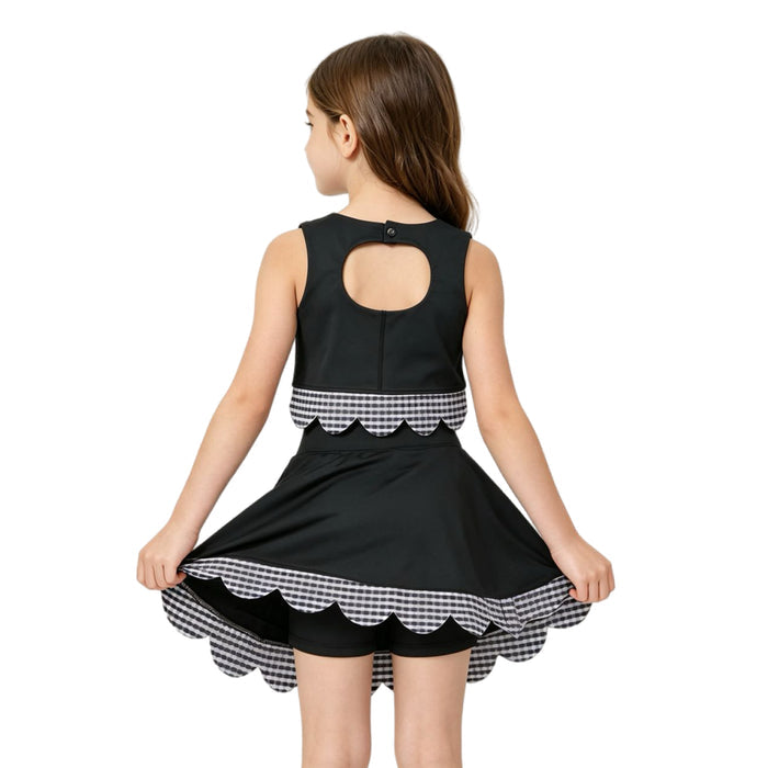 GSD4176 Black Checkered Bows Girls Summer Scallop Yoga Clothes Set