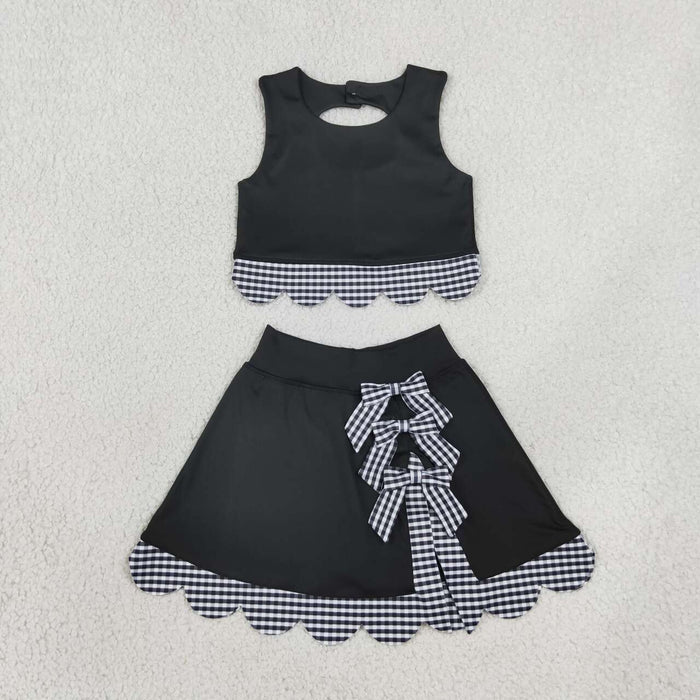 GSD4176 Black Checkered Bows Girls Summer Scallop Yoga Clothes Set