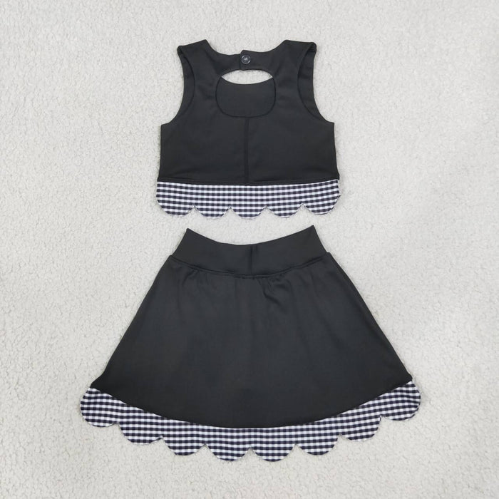 GSD4176 Black Checkered Bows Girls Summer Scallop Yoga Clothes Set