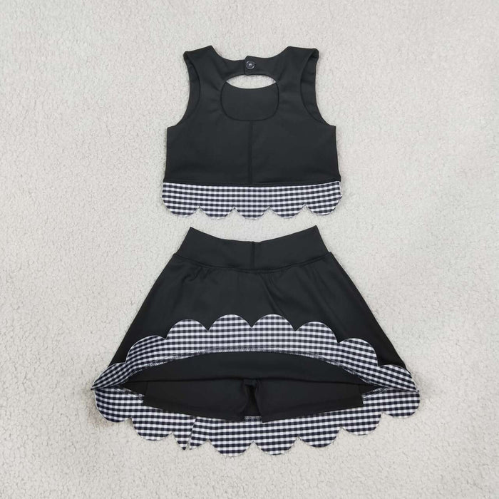 GSD4176 Black Checkered Bows Girls Summer Scallop Yoga Clothes Set