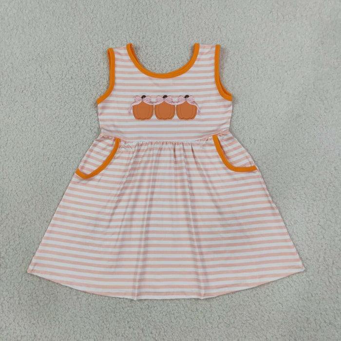 GSD4265 Pumpkin Embroidery Pink Stripes Print Pockets Girls Sleeveless Dress