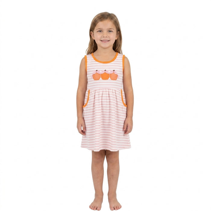 GSD4265 Pumpkin Embroidery Pink Stripes Print Pockets Girls Sleeveless Dress