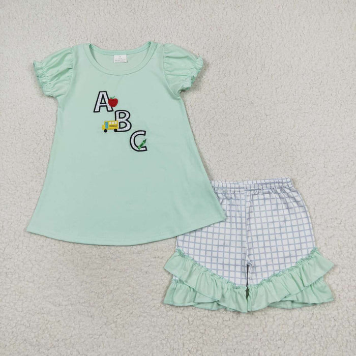 GSSO0930 ABC Apple Bus Pen Embroidery Plaid Shorts Girls Back to School Clothes Set