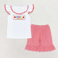 GSSO1115 ABC Apple Pen Embroidery White Top Stripes Shorts Girls Back to School Clothes Set