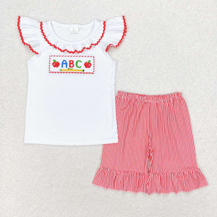 GSSO1115 ABC Apple Pen Embroidery White Top Stripes Shorts Girls Back to School Clothes Set