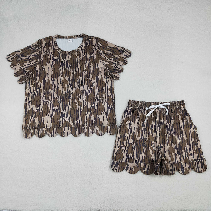 GSSO3231 Women’s Olive Green Camouflage Scallop Short Sleeve Top & Shorts Set