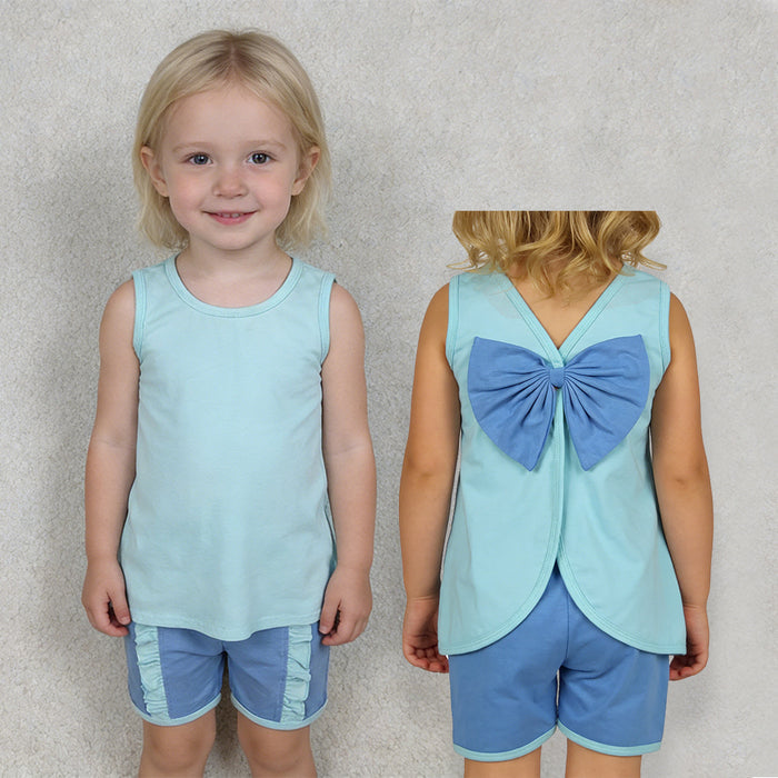 GSSO3463 Cartoon Princess Blue Cotton Bow Backless Sleeveless Top & Ruffled Shorts Set for Girls