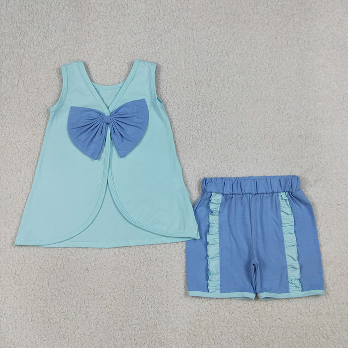 GSSO3463 Cartoon Princess Blue Cotton Bow Backless Sleeveless Top & Ruffled Shorts Set for Girls