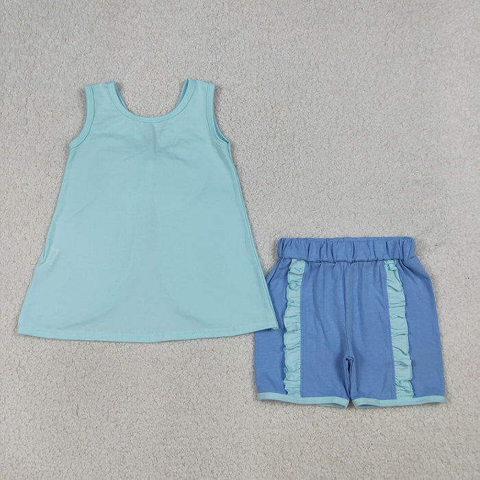 GSSO3463 Cartoon Princess Blue Cotton Bow Backless Sleeveless Top & Ruffled Shorts Set for Girls
