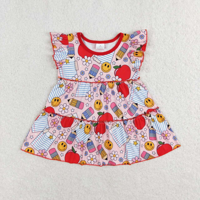 GT0575 Pen Smiling Flowers Print Girls Back to School Tee Shirts Top
