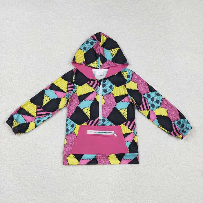 GT1137 Nightmar* Patchwork Print Girls Halloween Zipper Pocket Hoodie Top