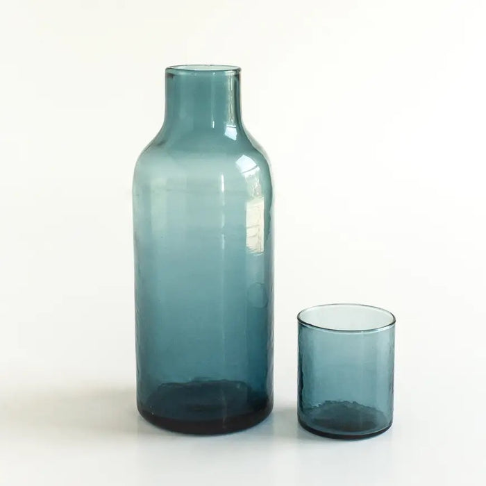 Handblown Hammered Glass Carafe + Cup | Blue