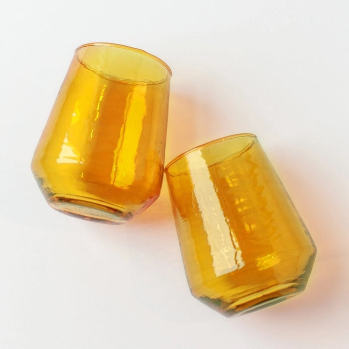 Handblown Hammered Glass Water Tumbler | Set of 2 | Amber