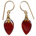 Owen Glass Collection Harlequin 1 red glass and gold dangle earrings with geometric design and elegant craftsmanship.