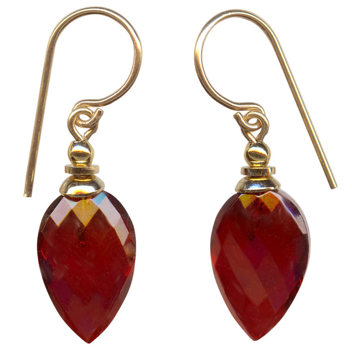 Owen Glass Collection Harlequin 1 red glass and gold dangle earrings with geometric design and elegant craftsmanship.