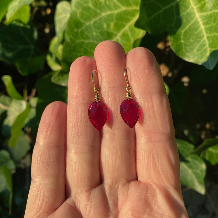 Harlequin 1 red glass and gold dangle earrings from Owen Glass Collection featuring vibrant red glass and elegant gold accents.