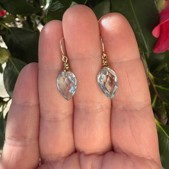Harlequin 6 aqua glass and gold earrings from Owen Glass Collection featuring geometric design and shiny finish.