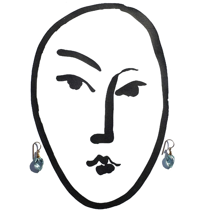 Owen Glass Collection Harlequin 6-inch aqua glass and gold earrings featuring a geometric design and elegant dangle style.