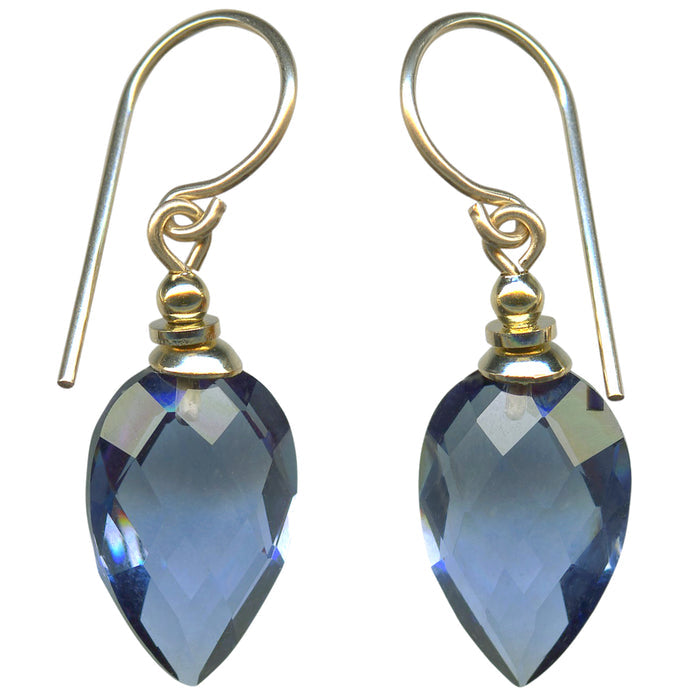 Harlequin 7 indigo glass and gold earrings from Owen Glass Collection, featuring intricate glass and gold detailing.