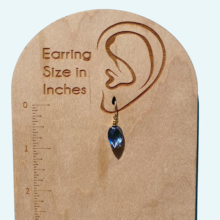 Harlequin 7 indigo glass and gold earrings from Owen Glass Collection featuring geometric design and vibrant colors.