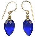 Harlequin 8-inch sapphire glass and gold dangle earrings from Owen Glass Collection, featuring vibrant blue glass and elegant gold accents.