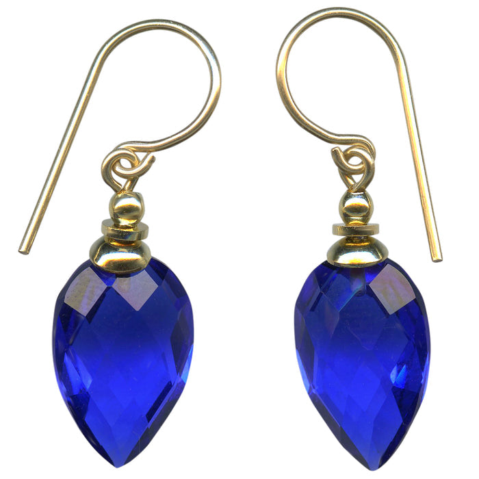 Harlequin 8-inch sapphire glass and gold dangle earrings from Owen Glass Collection, featuring vibrant blue glass and elegant gold accents.