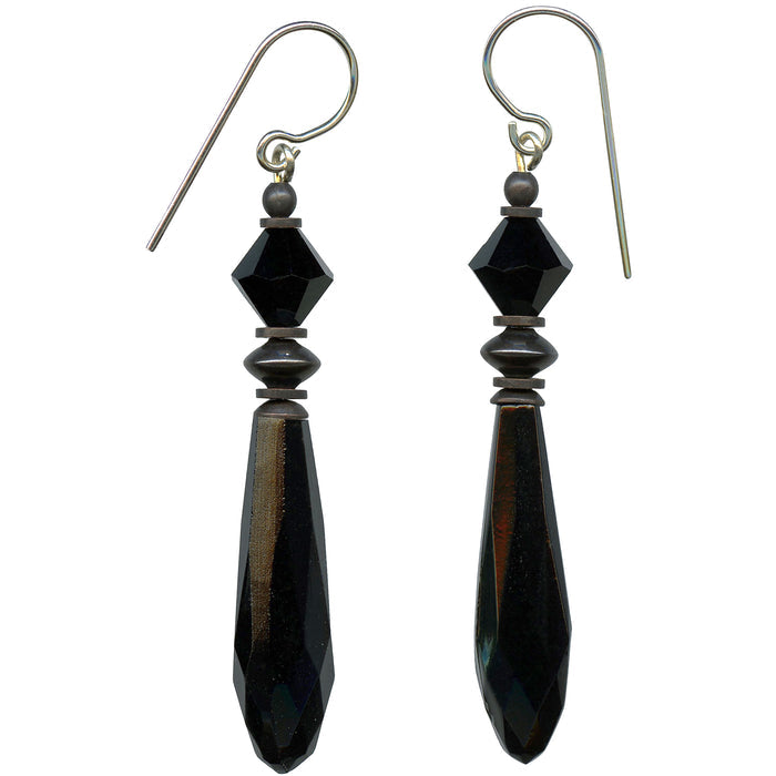 Owen Glass Collection Jet German glass prism drop earrings with faceted design and silver hooks.