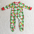 LR0194 Green Frog Checkered Print Baby Christmas Zipper Footie Romper