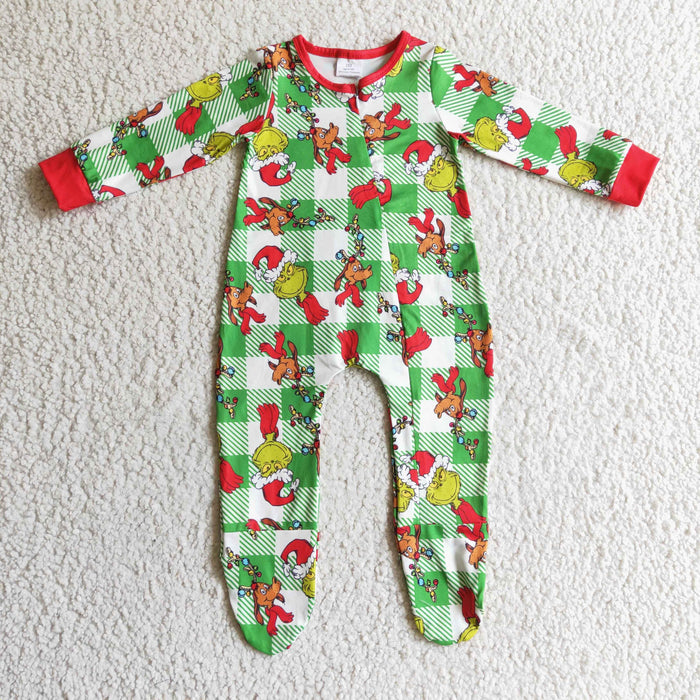 LR0194 Green Frog Checkered Print Baby Christmas Zipper Footie Romper