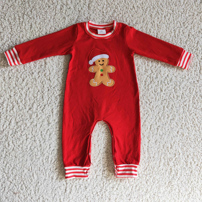 LR0195 Gingerbread Embroidery Red Baby Boys Christmas Romper