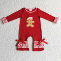 LR0196 Gingerbread Embroidery Red Baby Girls Christmas Ruffle Romper
