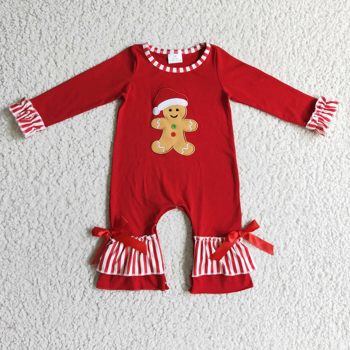 LR0196 Gingerbread Embroidery Red Baby Girls Christmas Ruffle Romper