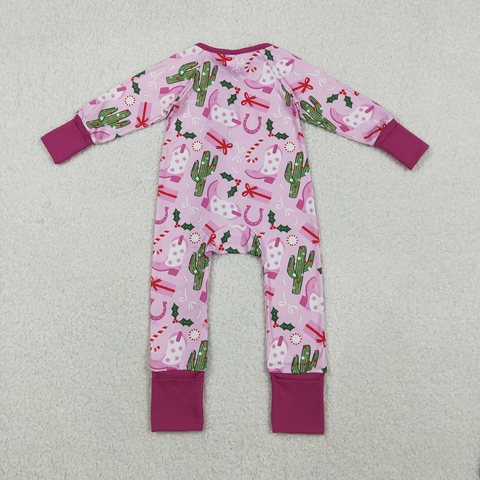 LR1742 Cactus Holly Boots Candy Cane Pink Print Baby Girls Christmas Zipper Sleeper Romper