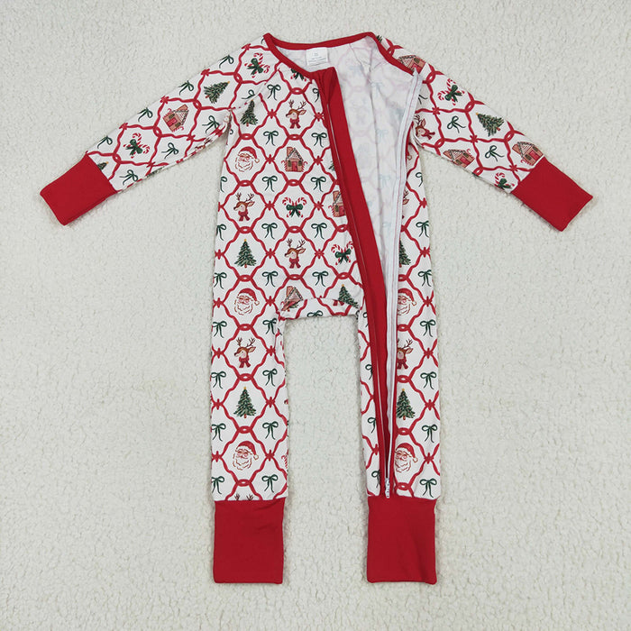LR2248 Santa Candy Cane Bows Print Baby Girls Christmas Zipper Sleeper Romper
