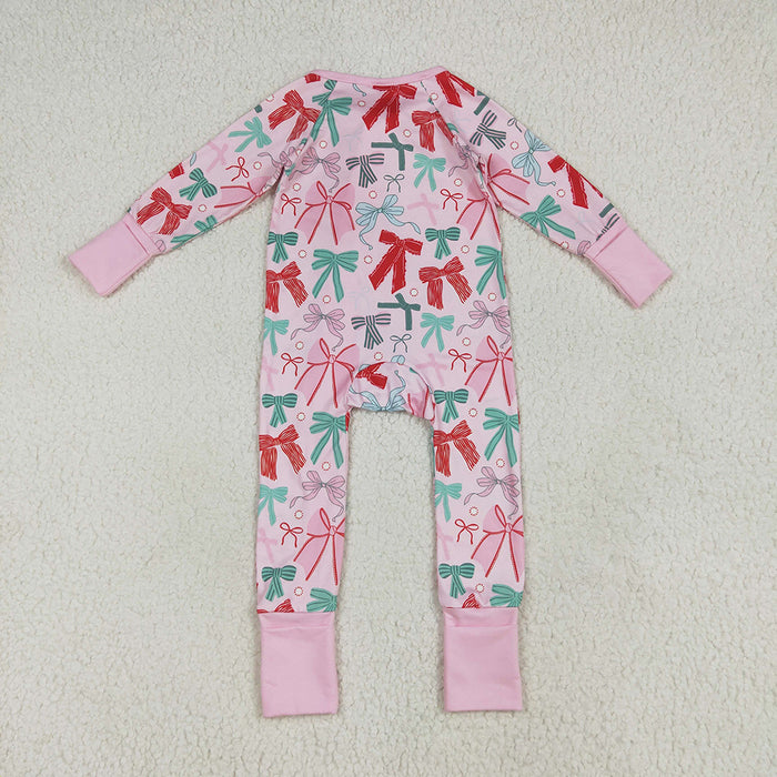 LR2266 Red Green Bows Pink Print Baby Girls Christmas Zipper Sleeper Romper