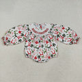 LR2276  Merry Christmas Embroidery Red Green Bows Baby Girls Christmas Bubble Romper