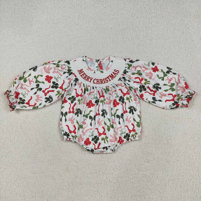 LR2276  Merry Christmas Embroidery Red Green Bows Baby Girls Christmas Bubble Romper