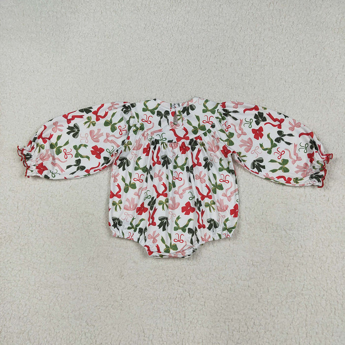 LR2276  Merry Christmas Embroidery Red Green Bows Baby Girls Christmas Bubble Romper