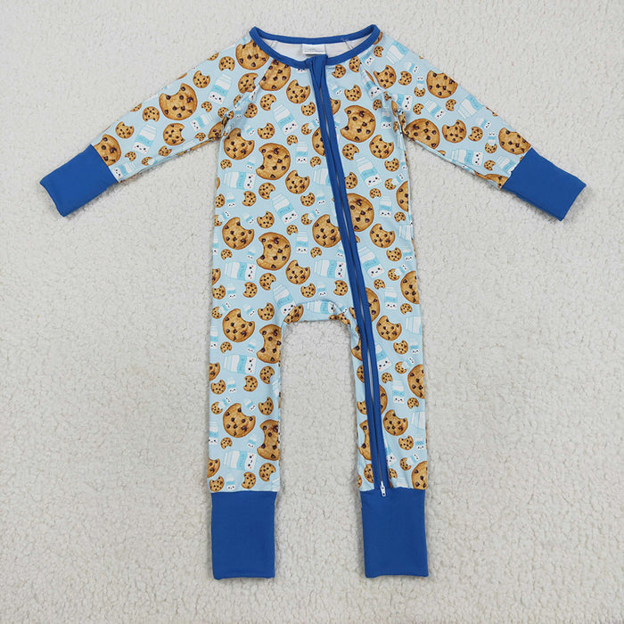 LR2397 Cookies Milk Blue Print Baby Boys Christmas Zipper Sleeper Romper