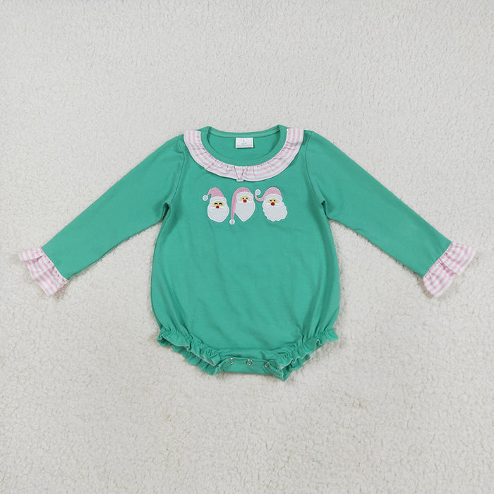LR2411  Santa Embroidery Pink Checkered Baby Girls Christmas Romper