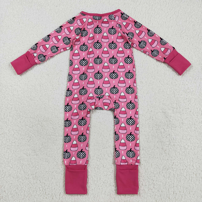 LR2467  Pumpkin Candy Pink Print Baby Girls Halloween Zipper Sleeper Romper