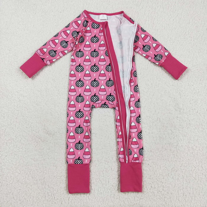 LR2467  Pumpkin Candy Pink Print Baby Girls Halloween Zipper Sleeper Romper